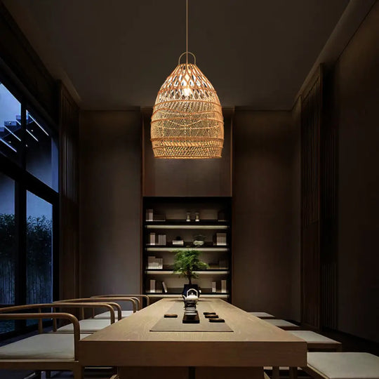 Wooden Asian Rattan Pendant Ceiling Light With Suspended Elongated Design - Ideal For Restaurants