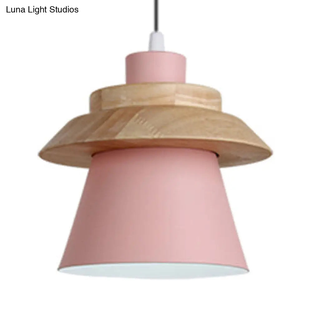 Asian Style Pendant Light With Wood Deco Metal - Coolie Shade Stairway Hanging 1 Pink