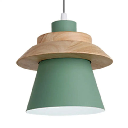 Wooden Asian Style Hanging Pendant Light For Stairways - Coolie Shade With Metal Accents Green