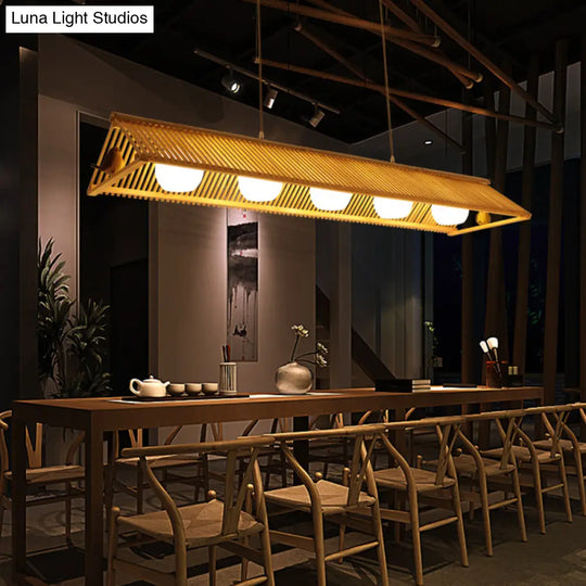 Wooden Asian Triangle Island Pendant Light In Natural Wood Finish