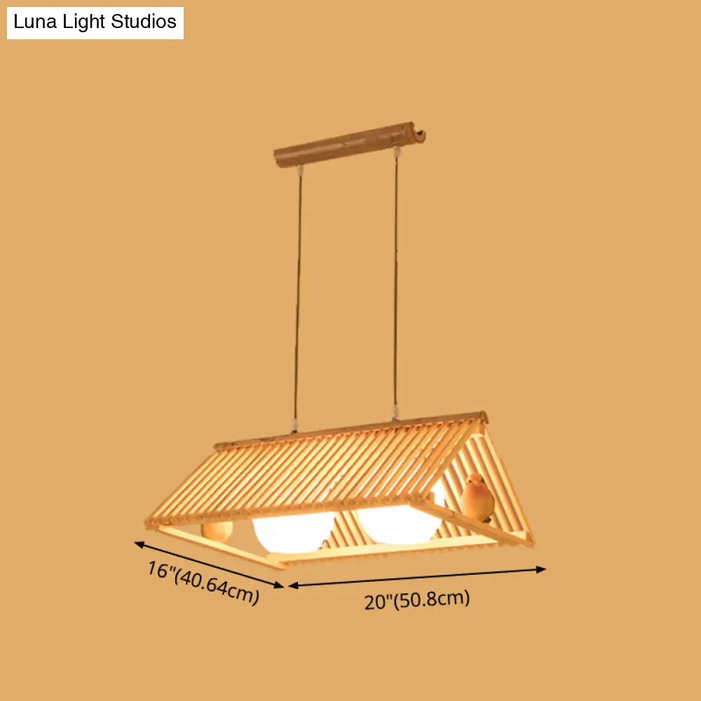 Wooden Asian Triangle Island Pendant Light In Natural Wood Finish