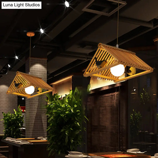 Wooden Asian Triangle Island Pendant Light In Natural Wood Finish