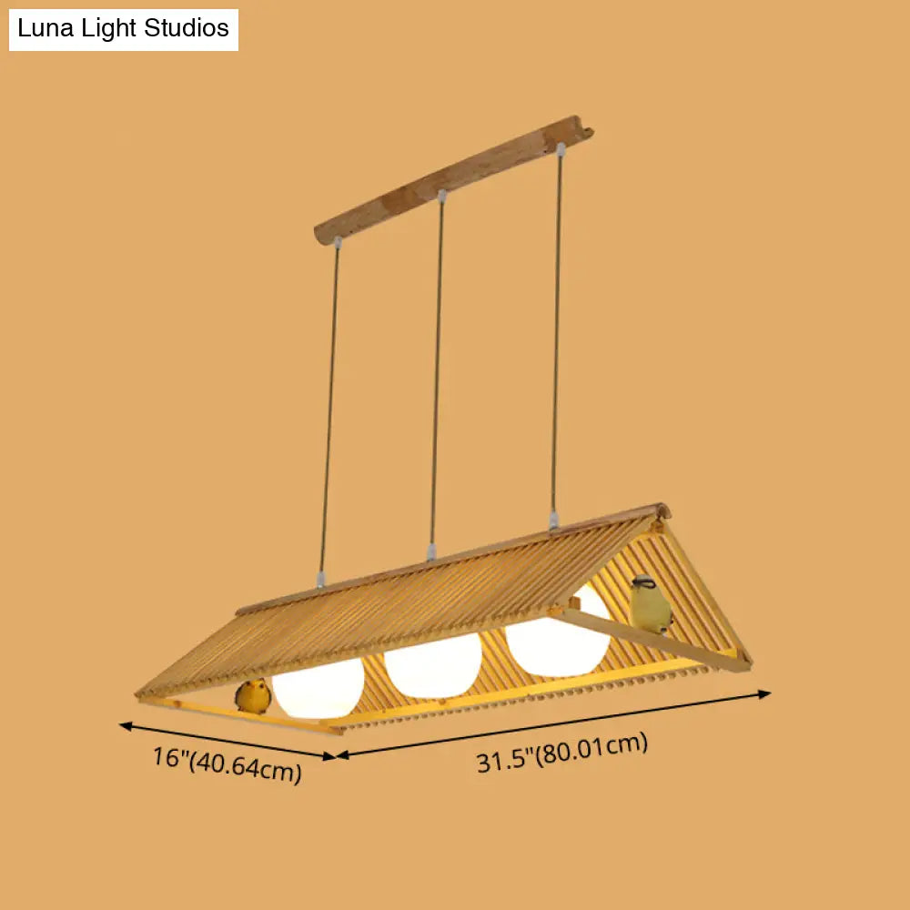 Wooden Asian Triangle Island Pendant Light In Natural Wood Finish