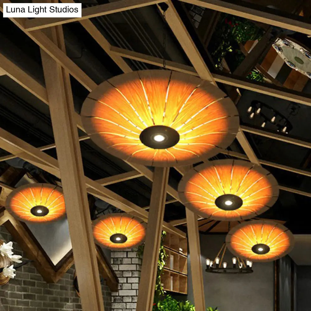 Wooden Asian Umbrella Chandelier Pendant Light With 3 Bulbs - Perfect For Restaurants