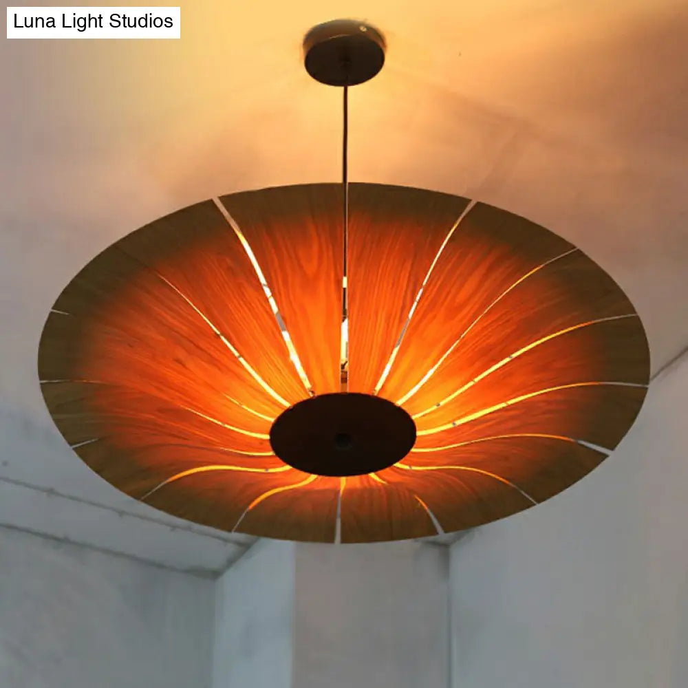 Wooden Asian Umbrella Chandelier Pendant Light With 3 Bulbs - Perfect For Restaurants