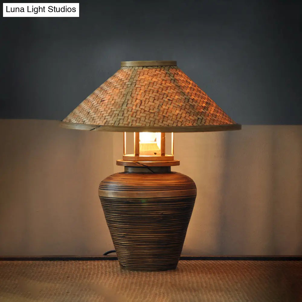 Wooden Asian Urn Desk Lamp With Bamboo Shade In Brown