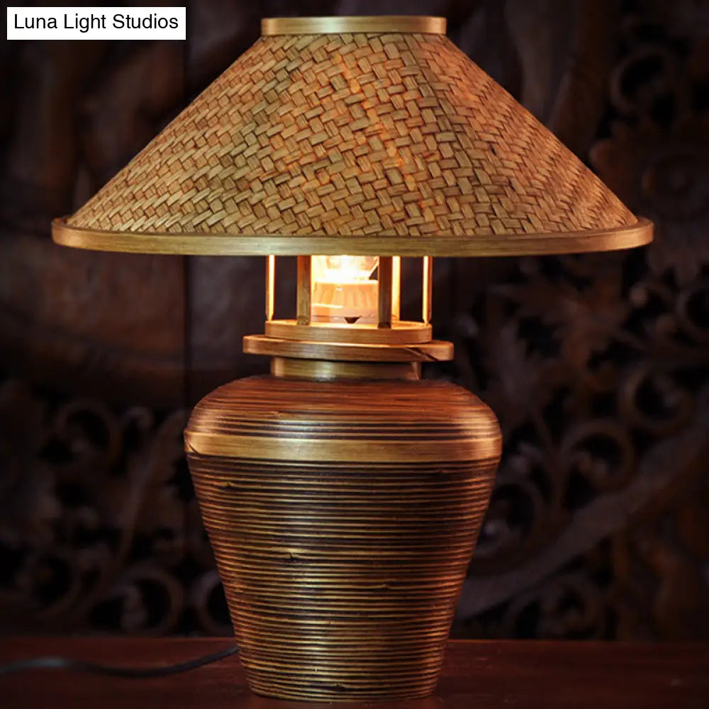 Wooden Asian Urn Desk Lamp With Bamboo Shade In Brown