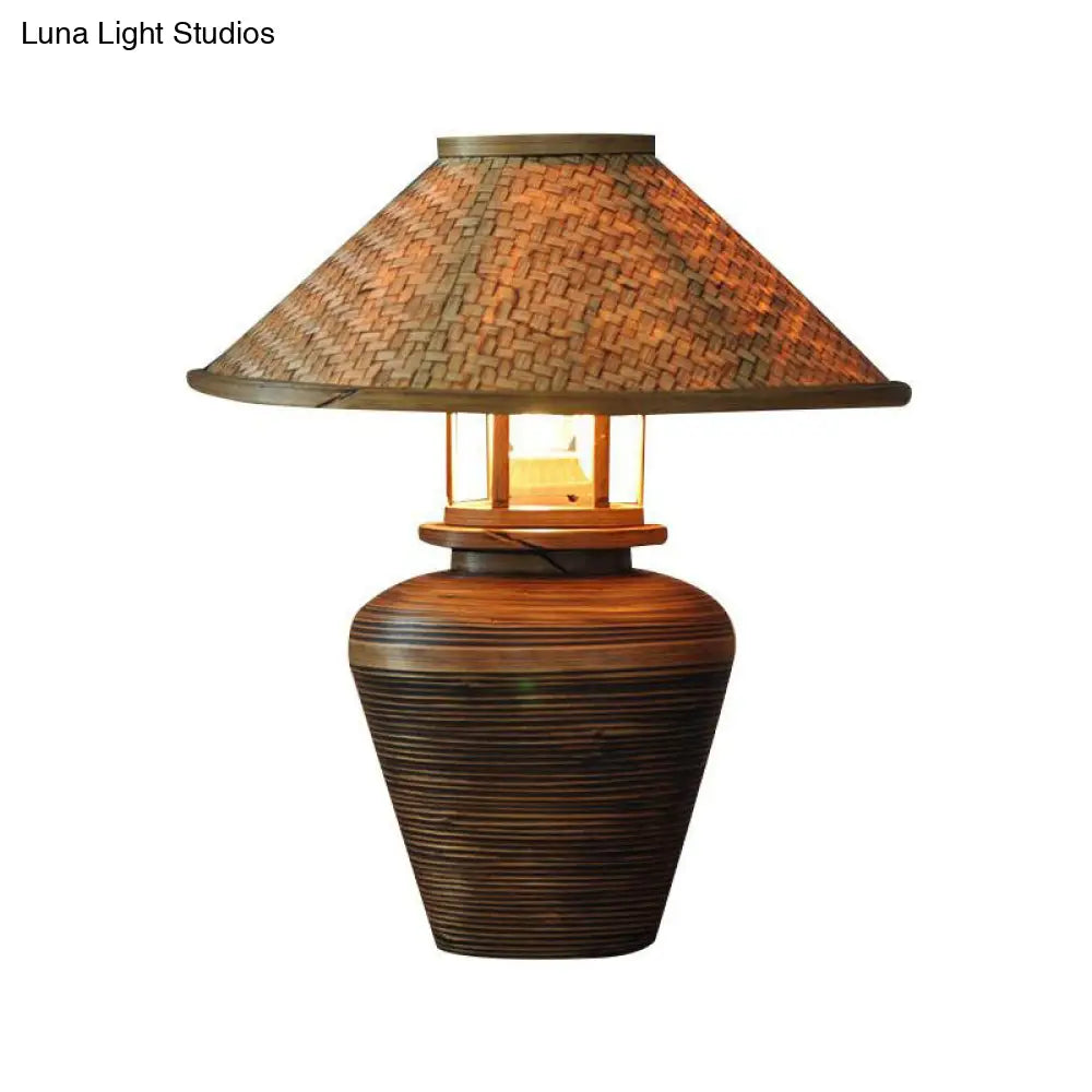 Wooden Asian Urn Desk Lamp With Bamboo Shade In Brown