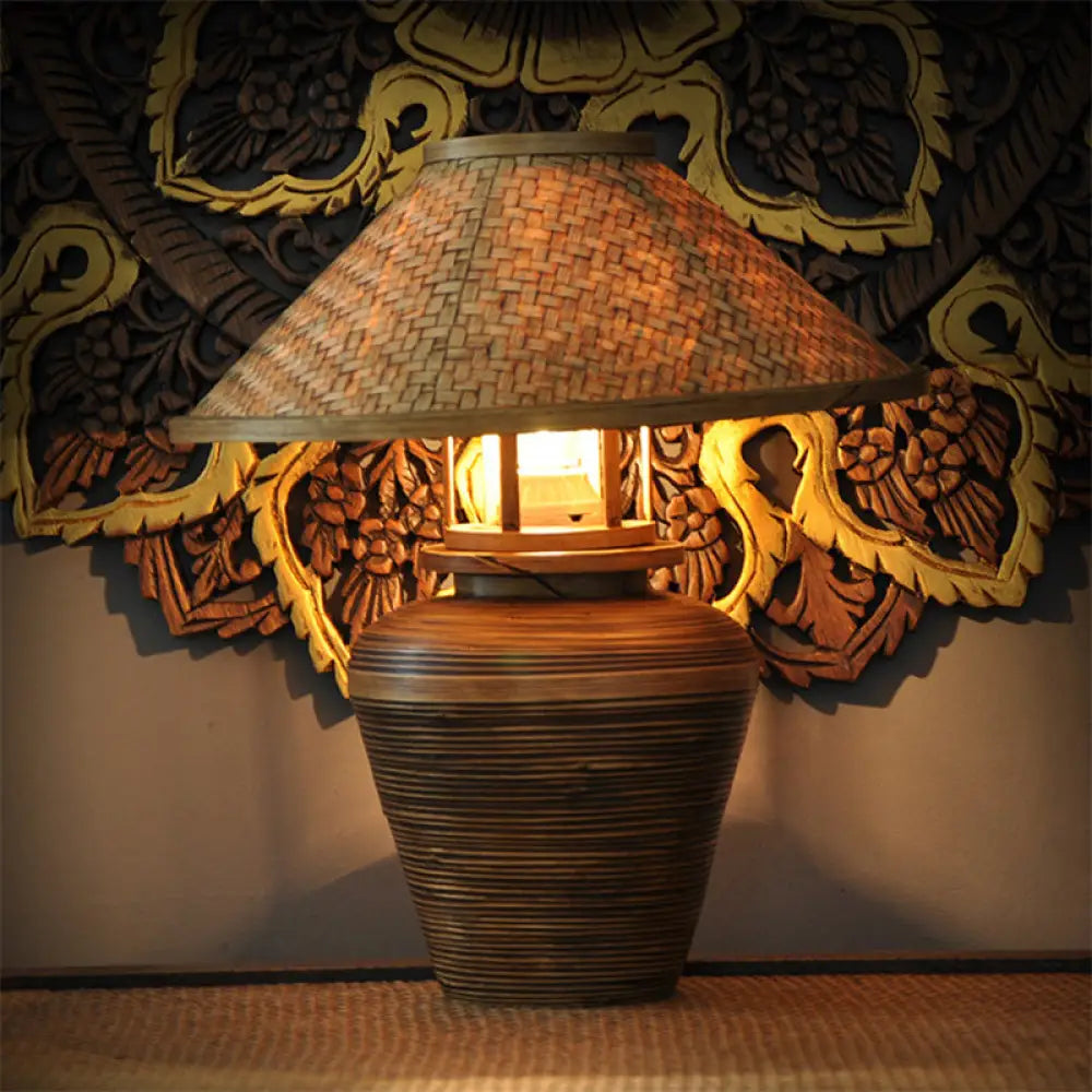 Wooden Asian Urn Desk Lamp With Bamboo Shade In Brown