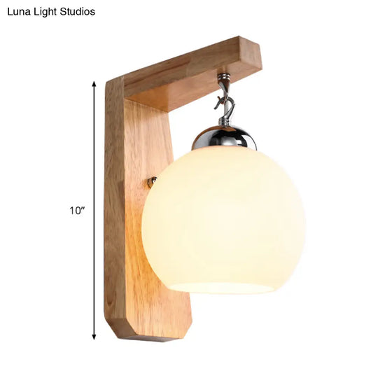 Wooden Asian Wall Sconce Light With Round White Glass Shade - Beige Finish