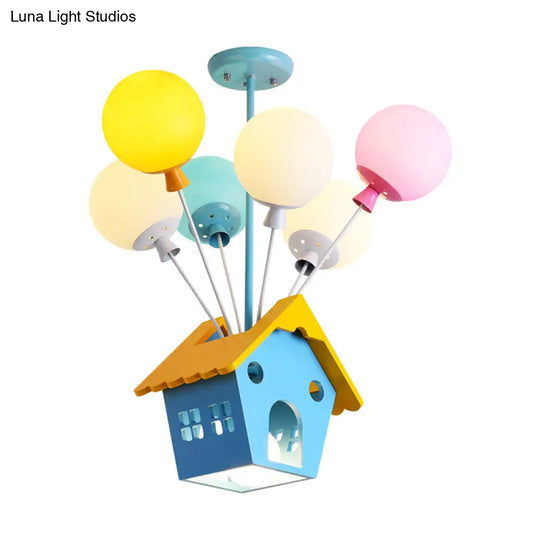 Wooden Balloon Cartoon Chandelier - Colorful 7-Head Pendant Light In Blue For Kids Room