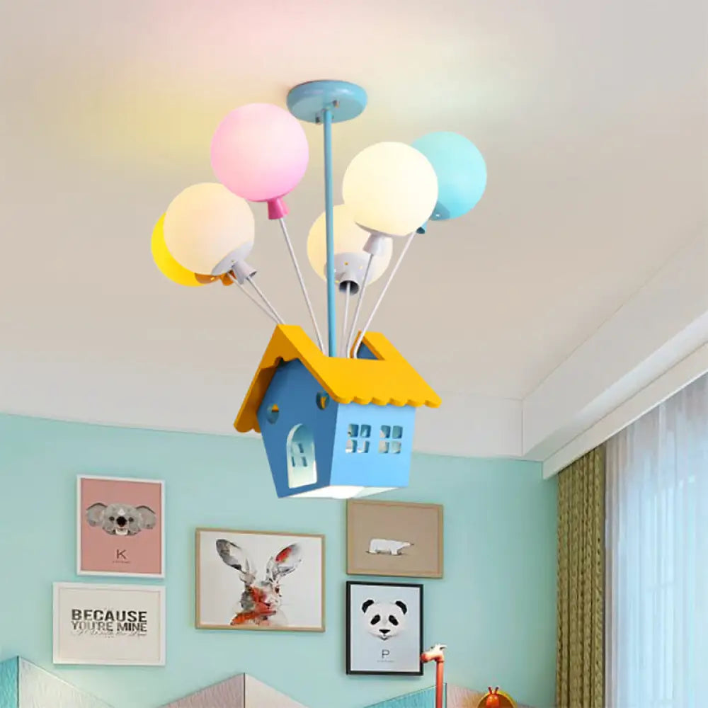 Wooden Balloon Cartoon Chandelier - Colorful 7-Head Pendant Light In Blue For Kids Room