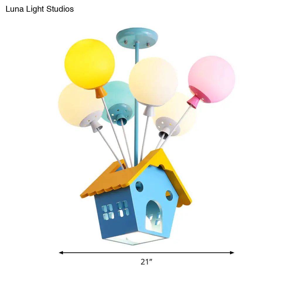 Wooden Balloon Cartoon Chandelier - Colorful 7-Head Pendant Light In Blue For Kids Room