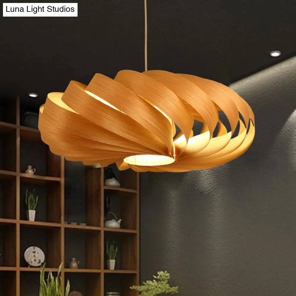 Wooden Beige Asian Pendant Light - Modern Twisted Lantern Ceiling Lamp For Dining Table