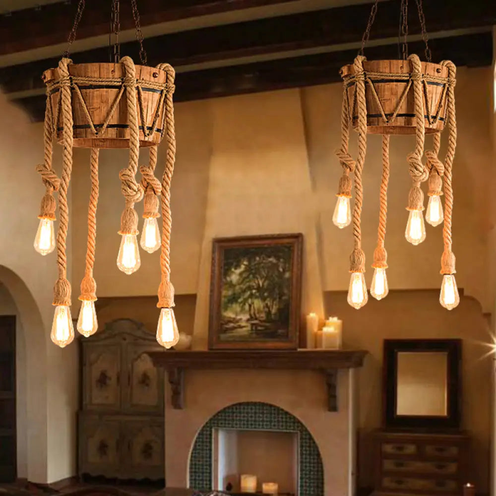 Wooden Beige Chandelier With Rope Cord For Restaurant Décor 6 /