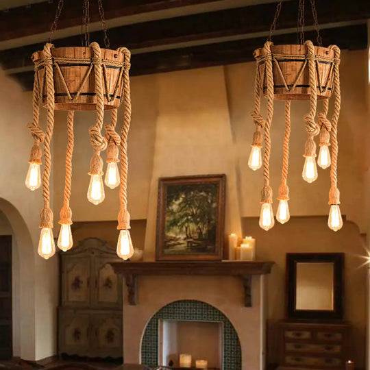 Wooden Beige Chandelier With Rope Cord For Restaurant Décor 6 /