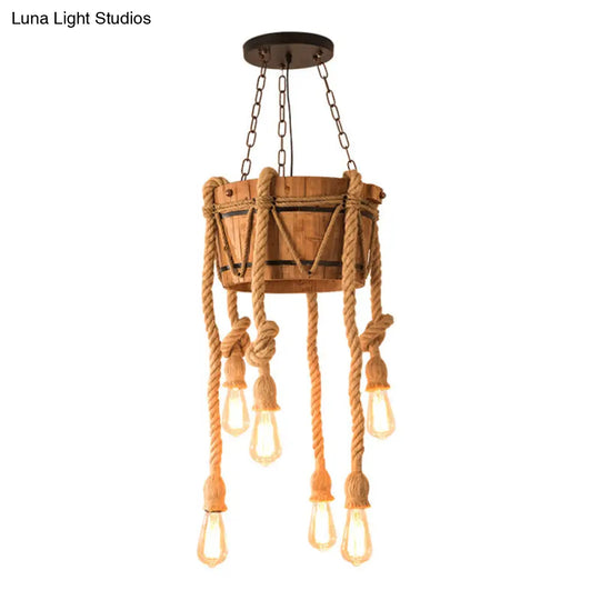 Wood Beige Chandelier Light Fixture: Bucket Restaurant Pendant With Rope Cord
