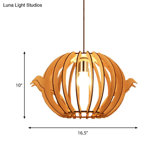 Wooden Bird Cage Pendant Light - Nordic Design 1-Light For Dining Table