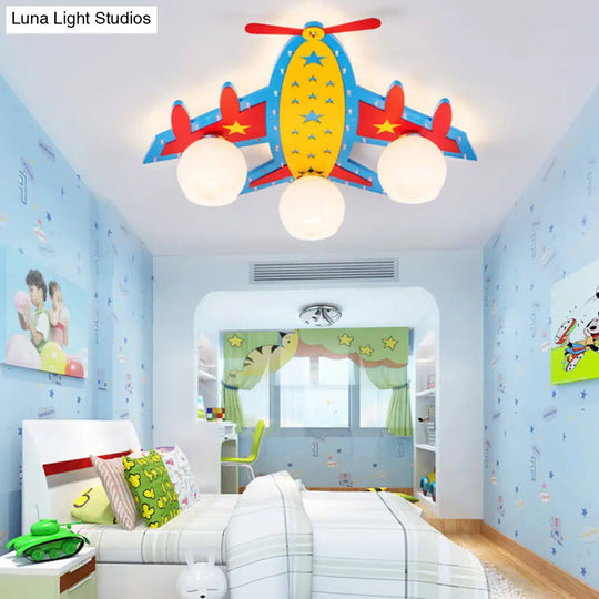 Wooden Blue Kids Propeller Plane Ceiling Light For Living Room Or Baby Bedroom