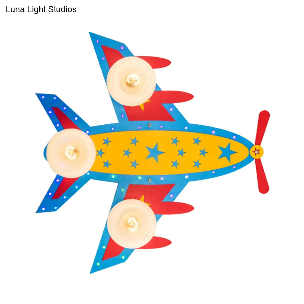 Wooden Blue Kids Propeller Plane Ceiling Light For Living Room Or Baby Bedroom