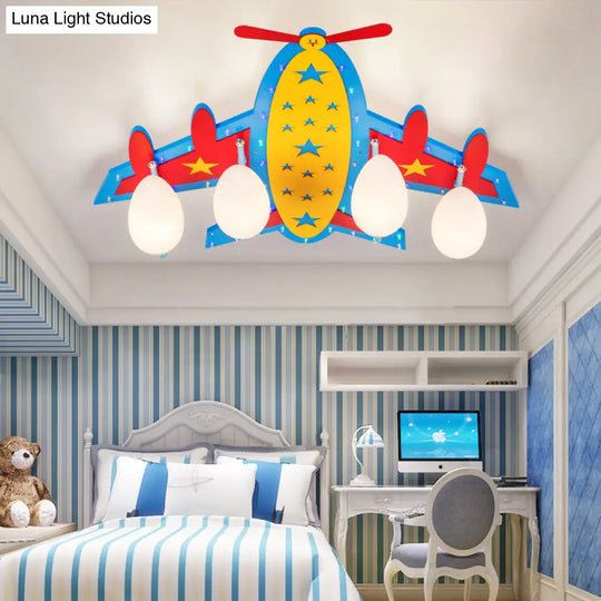 Wooden Blue Kids Propeller Plane Ceiling Light For Living Room Or Baby Bedroom