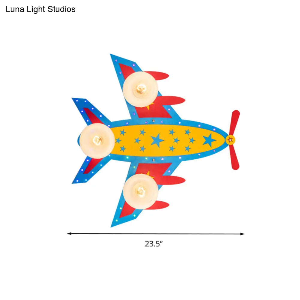 Wooden Blue Kids Propeller Plane Ceiling Light For Living Room Or Baby Bedroom