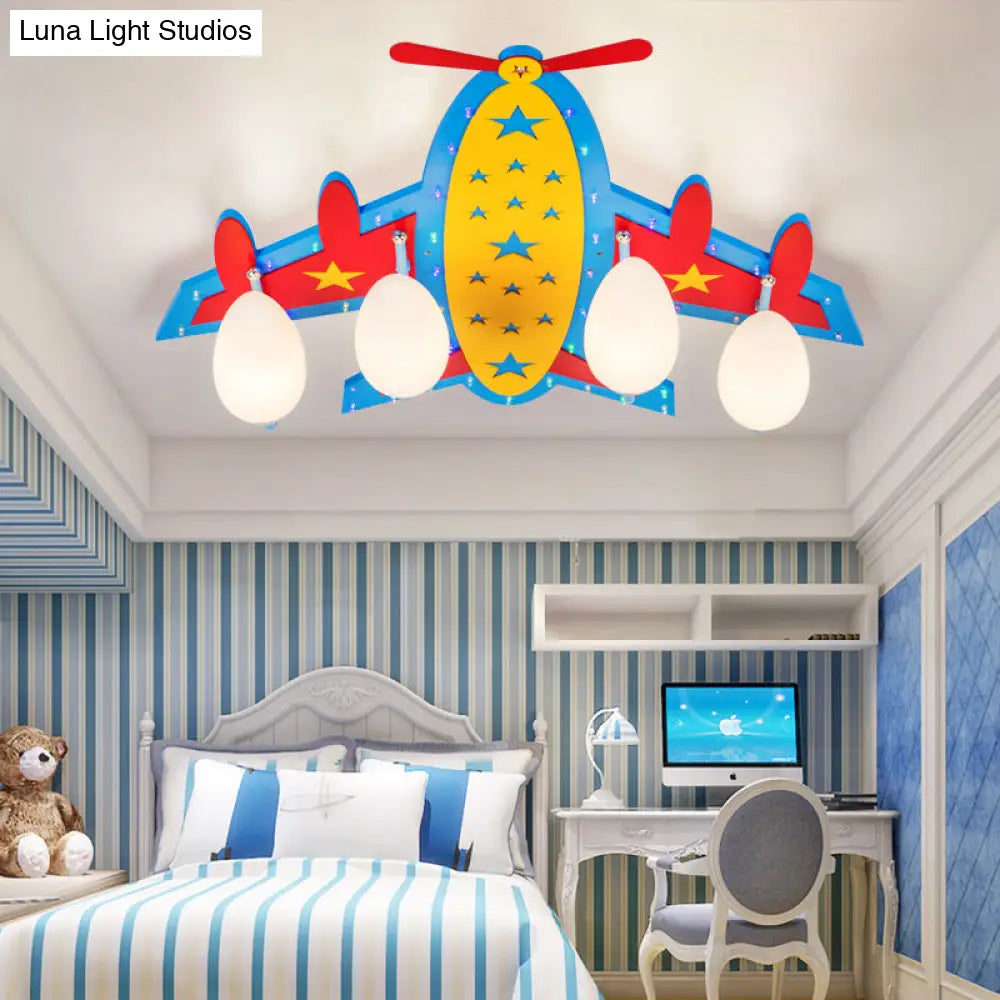 Wooden Blue Kids Propeller Plane Ceiling Light For Living Room Or Baby Bedroom