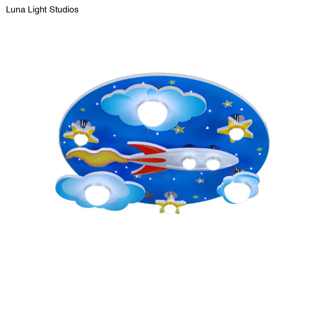 Wooden Blue Kids Spaceship Ceiling Lamp For Kindergarten