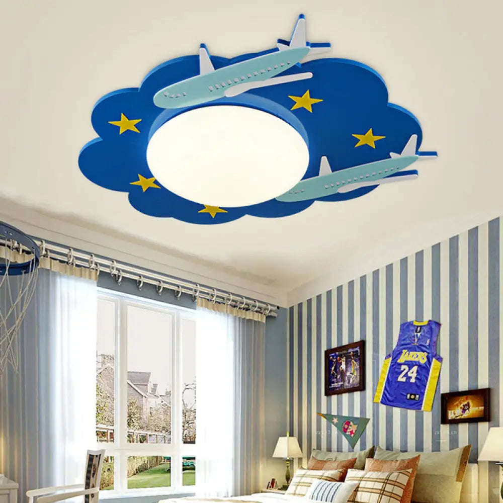 Wooden Blue Kids Spaceship Ceiling Lamp For Kindergarten / Airplane