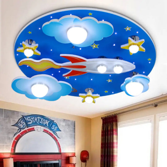Wooden Blue Kids Spaceship Ceiling Lamp For Kindergarten / Rocket
