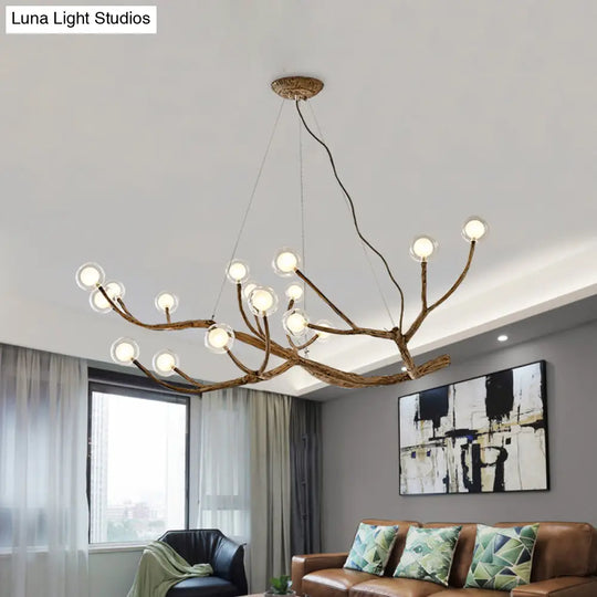 Wooden Branch Chandelier Lodge Style Ceiling Light With Glass Ball Shade - Warm/White 8/12/16 Lights