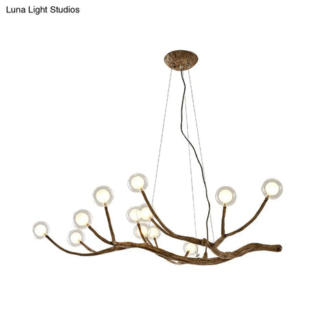 Wooden Branch Chandelier Lodge Style Ceiling Light With Glass Ball Shade - Warm/White 8/12/16 Lights