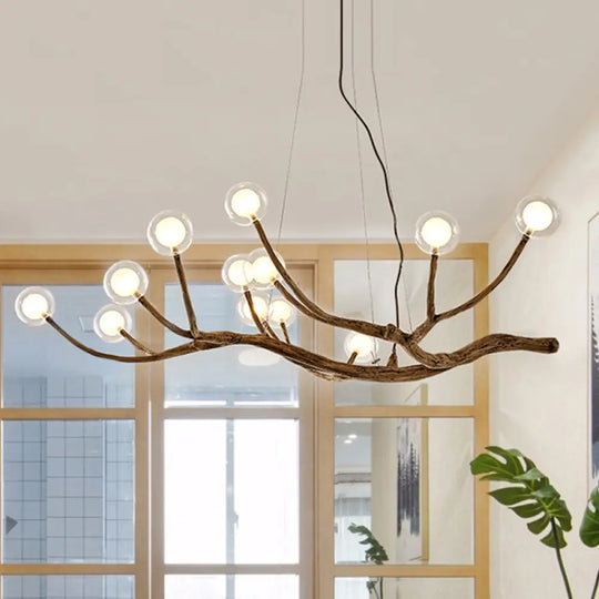 Wooden Branch Chandelier Lodge Style Ceiling Light With Glass Ball Shade - Warm/White 8/12/16