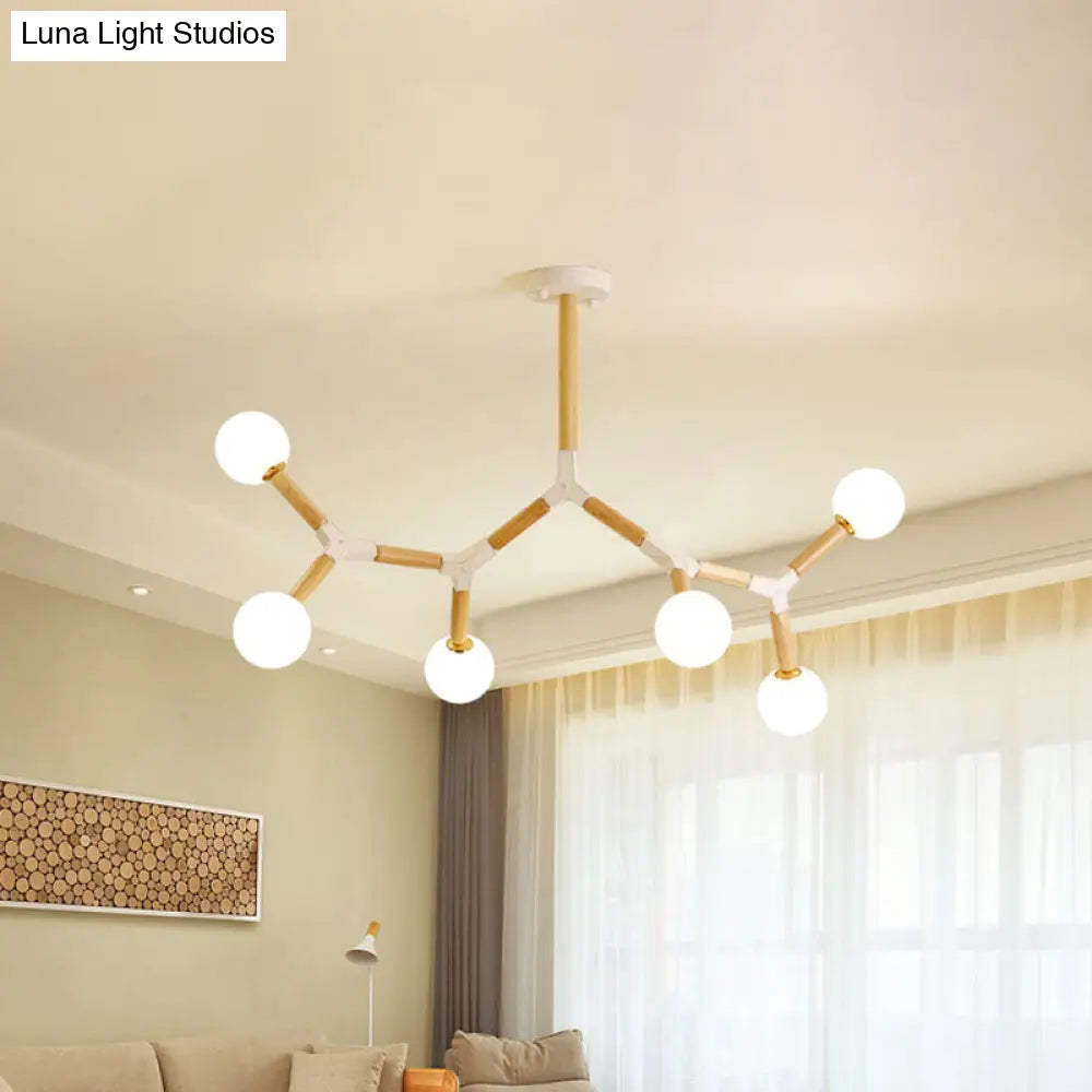 Simple Wood Branch Chandelier - 6-Light Beige Hanging Lamp With Frosted Glass Shades