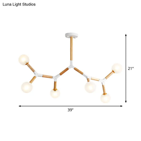 Wooden Branch Chandelier With 6 Lights Beige Hanging Lamp Kit And Frosted Glass Shade