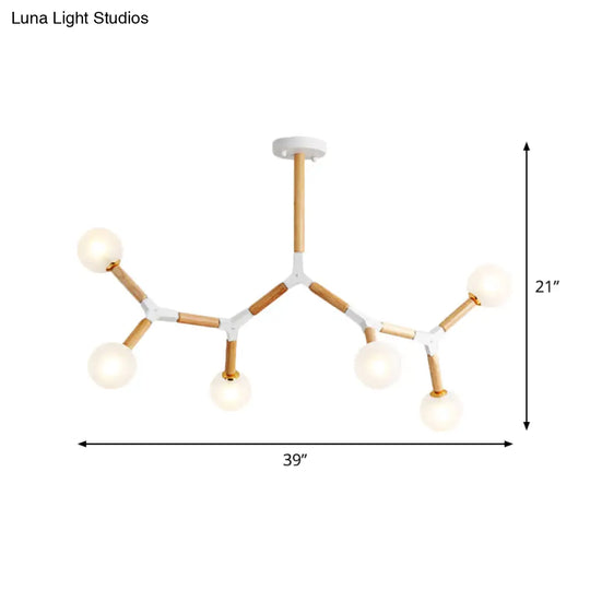 Wooden Branch Chandelier With 6 Lights Beige Hanging Lamp Kit And Frosted Glass Shade