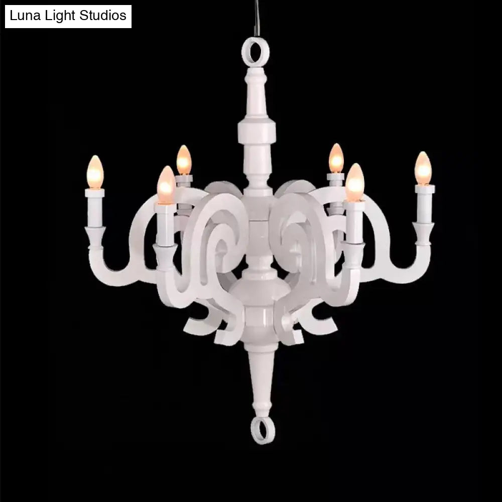 Wooden Candlestick Chandelier - Traditional 6-Head Pendant Light For Living Room Ceiling White