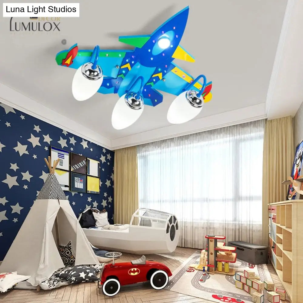 Wooden Cartoon Flush Mount Light Fixture In Blue - Jet Children’s Bedroom Ceiling Lamp