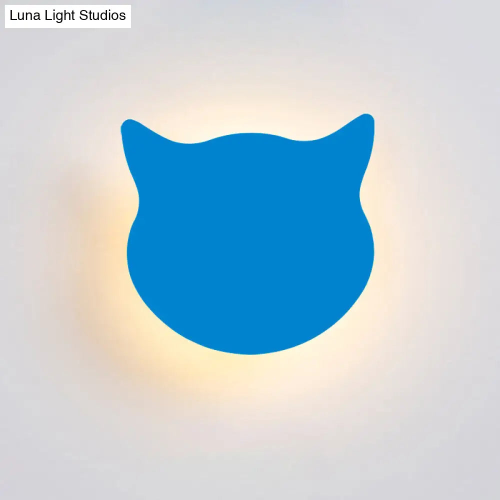 Wooden Cat Head Mini Wall Light: Cartoon Led Sconce In Pink/Blue/Yellow For Kinder Ready Room