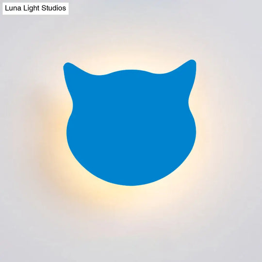 Wooden Cat Head Mini Wall Light: Cartoon Led Sconce In Pink/Blue/Yellow For Kinder Ready Room