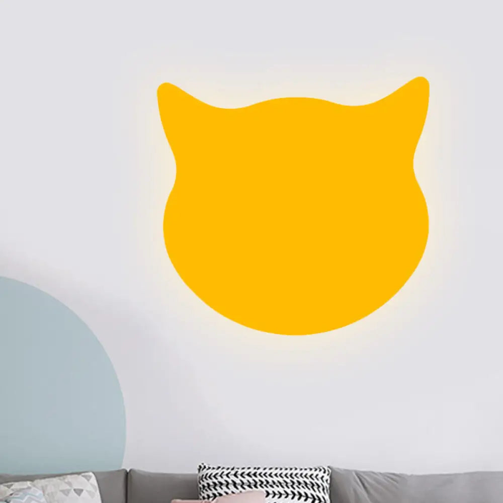 Wooden Cat Head Mini Wall Light: Cartoon Led Sconce In Pink/Blue/Yellow For Kinder Ready Room Yellow