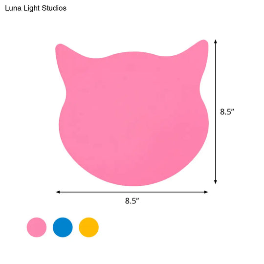 Wooden Cat Head Mini Wall Light: Cartoon Led Sconce In Pink/Blue/Yellow For Kinder Ready Room