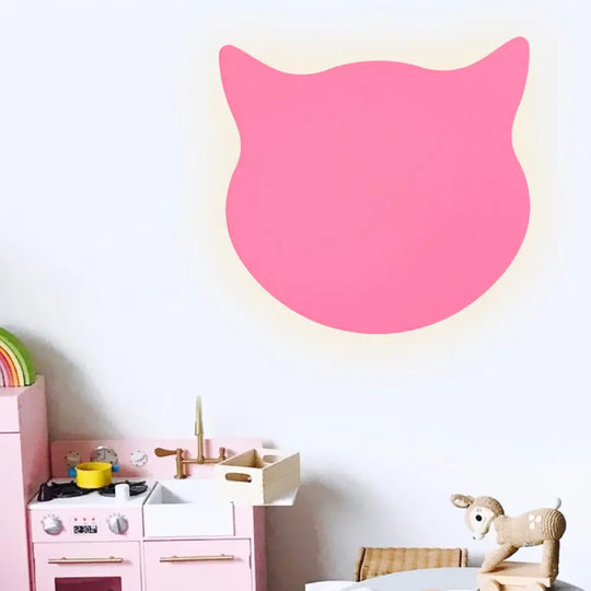 Wooden Cat Head Mini Wall Light: Cartoon Led Sconce In Pink/Blue/Yellow For Kinder Ready Room Pink