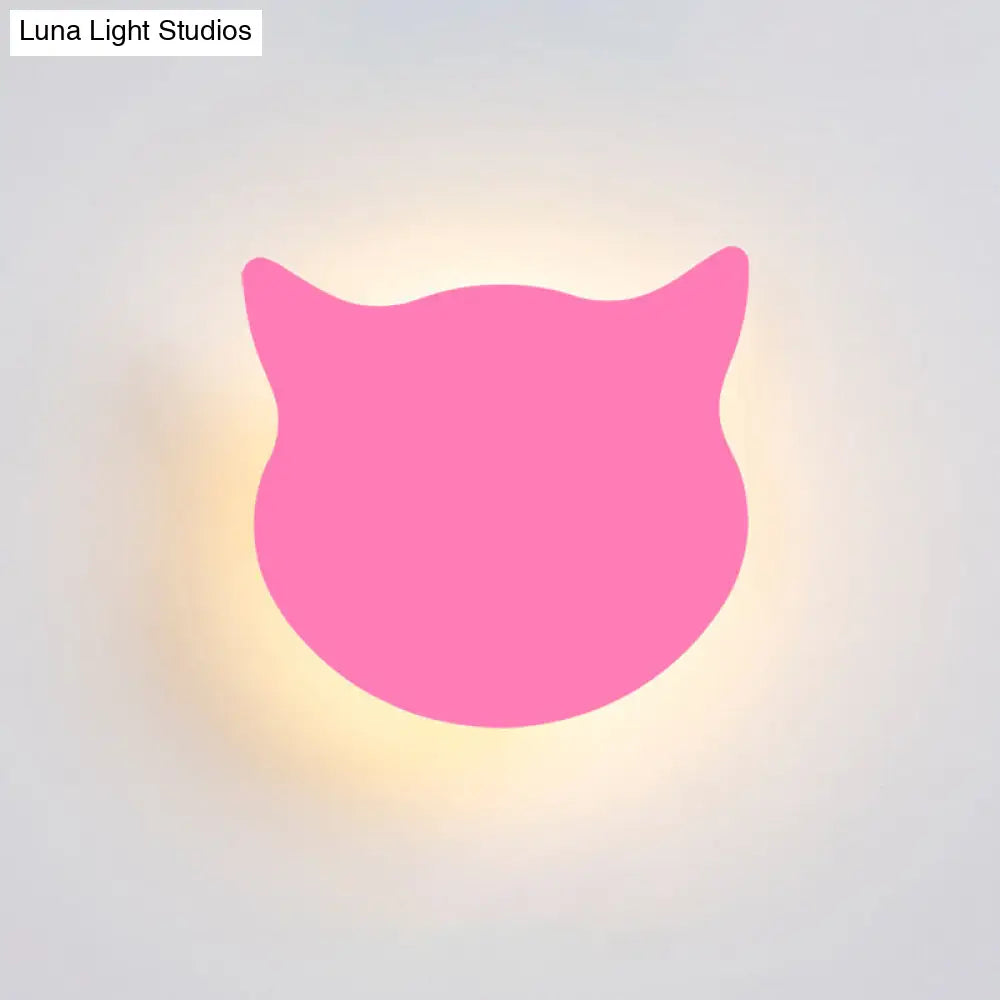 Wooden Cat Head Mini Wall Light: Cartoon Led Sconce In Pink/Blue/Yellow For Kinder Ready Room