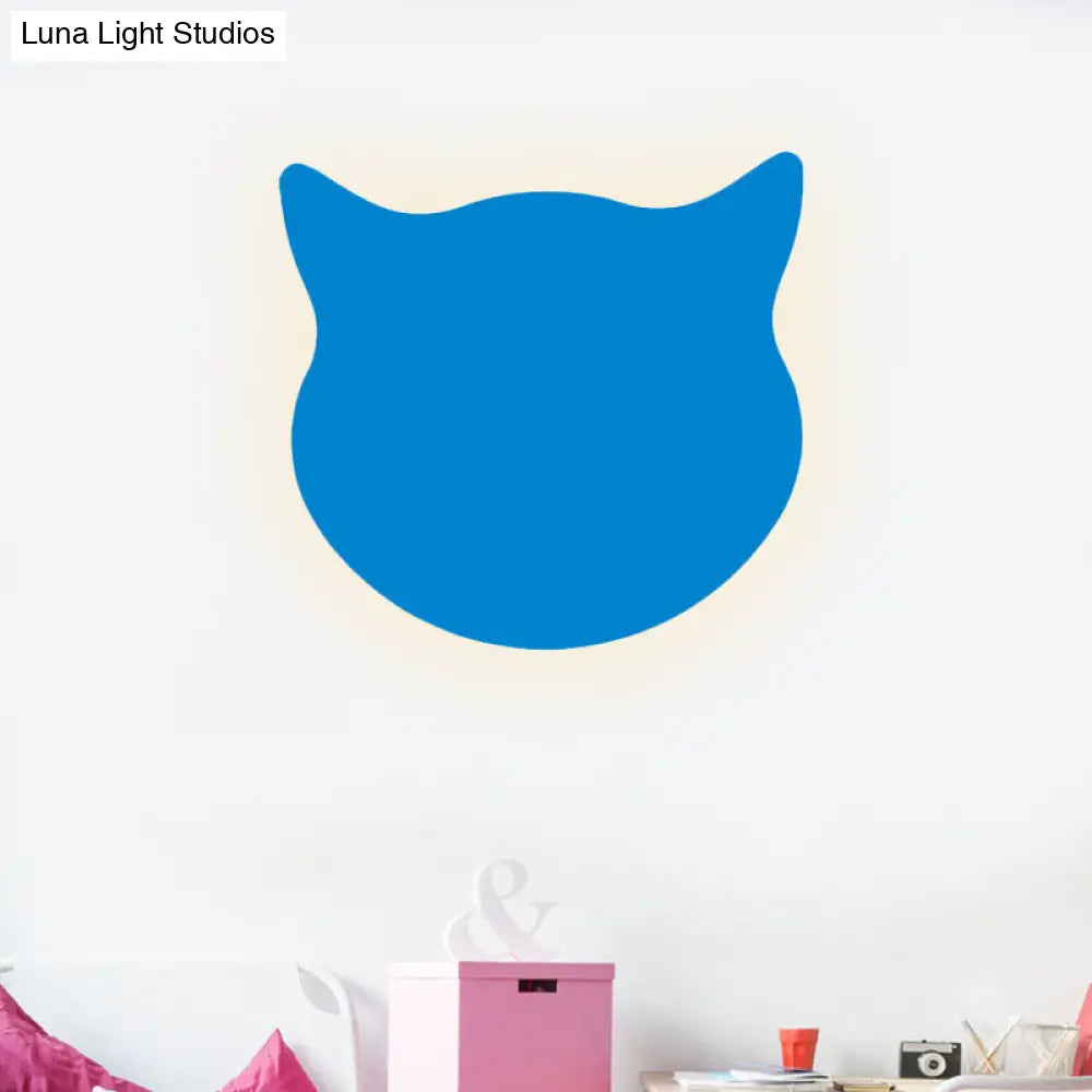 Wooden Cat Head Mini Wall Light: Cartoon Led Sconce In Pink/Blue/Yellow For Kinder Ready Room