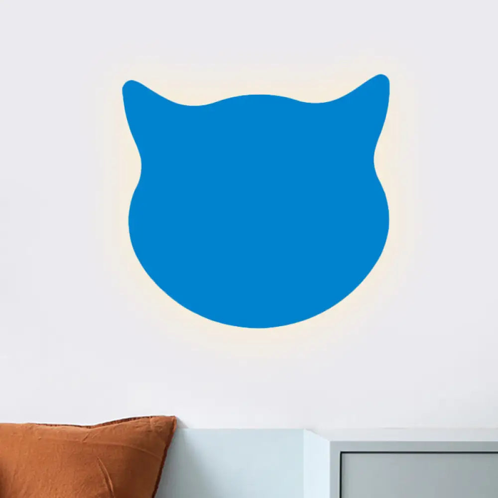 Wooden Cat Head Mini Wall Light: Cartoon Led Sconce In Pink/Blue/Yellow For Kinder Ready Room Blue