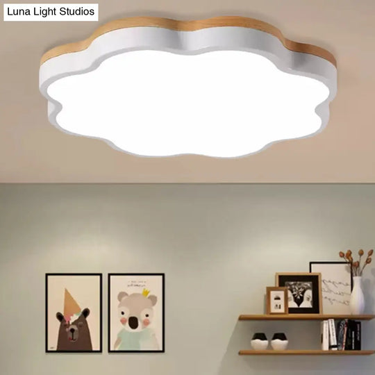 Wooden Ceiling Light With Floral Shade - Flush Mount For Kids Bedroom White / 16 Natural