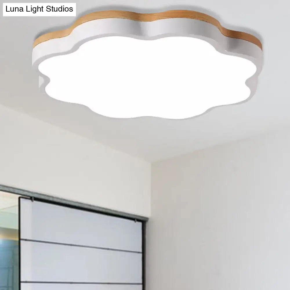 Wooden Ceiling Light With Floral Shade - Flush Mount For Kids Bedroom