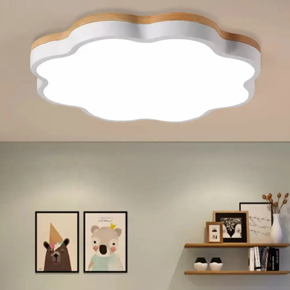 Wooden Ceiling Light With Floral Shade - Flush Mount For Kids Bedroom White / 16’ Natural