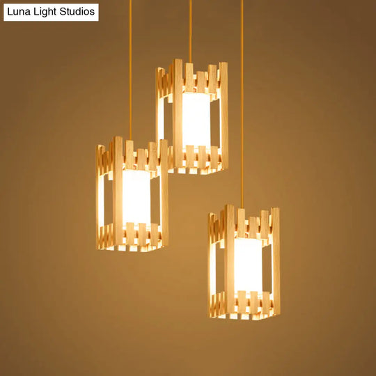 Wooden Cluster Arbor Pendant Asian Ceiling Lamp With Fabric Lampshade - 3 Bulbs Beige Suspension